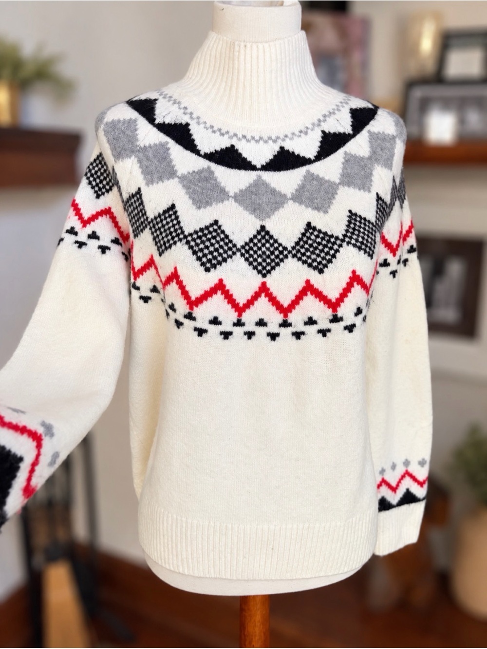 Vince Camuto Fair Isle Mock Turtleneck Sweater Red Black Gray S